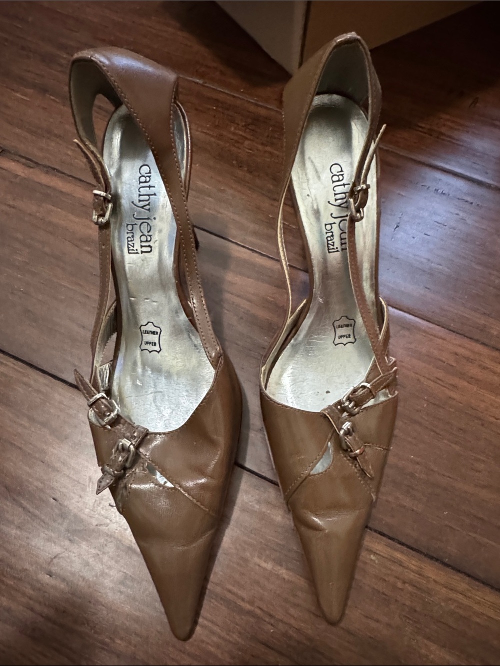 Cathy Jean Tan Pointed-Toe Slingback Heels with Buckle Detail